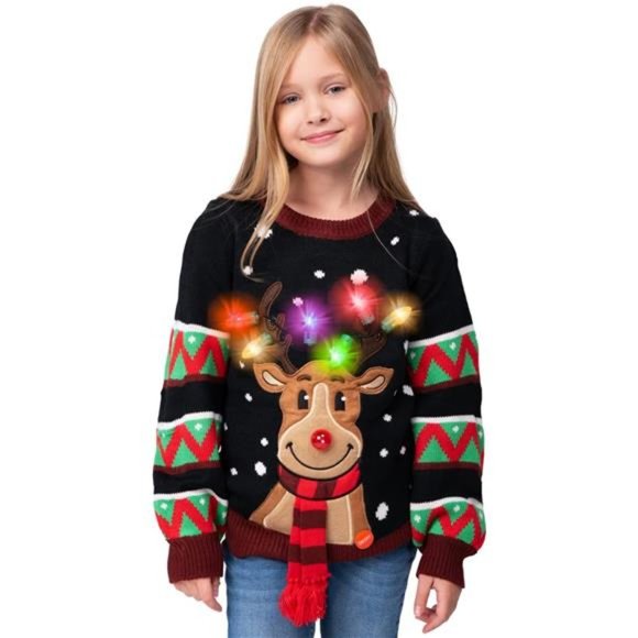 Kid's Christmas Ugly Sweater LED Light Up Reindeer w/Built-in Light Bulbs, Black
